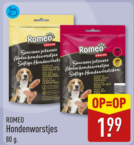 hondensnacks 80 sachet fraicheur hersluitbaar l romeo snacks malse riches poulet avec saucisson rijk kip leverworst sans addition zonder granen sucre zender tong mounts artificiels kunstmatige fromage b rund kaas folder aanbieding bij Aldi