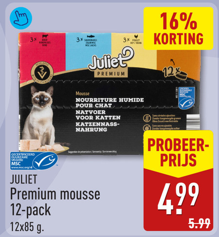 kattenvoer 3 12 16 3x rundvlees developed zalm lachs juliet premium poulet kip saumon gecertificeerd duurzame visseri www.msc.org nl mousse nourriture humide pour chat katten suggestion serveertip pack sans toegevoegde granen sucres suiker 5.99 folder aanbieding bij Aldi