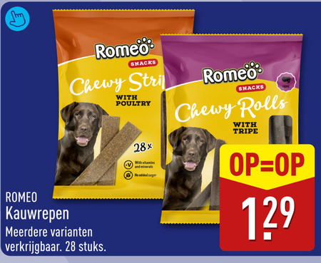 hondensnacks 28 romeo kauwrepen snacks chewy meerdere stuks with vitamins minerals added sugar rolls folder aanbieding bij Aldi
