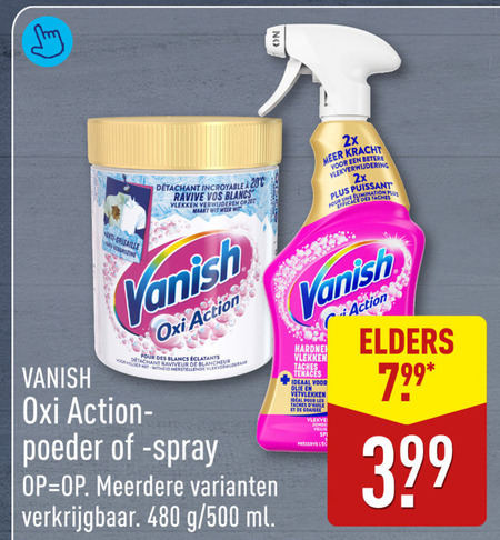 vanish vlekkenverwijderaar 20 500 anti vos blancs vlekken verwijderen wit weer action pour des helder witheid vlekverwijderaar detachant poeder spray meerdere ml 2x kracht vlekverwijdering taches olie vetvlekken les graisse zonde elders folder aanbieding bij Aldi Vanish vlekkenverwijderaar folder aanbieding bij Aldi - details