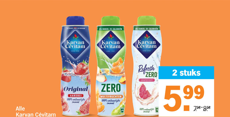 karvan cevitam limonadesiroop 2 30 100 nederland suiker original aardbei natuurlijke zero multivruchten refresh grapefruit stuks 9 folder aanbieding bij Albert Heijn Karvan Cevitam limonadesiroop folder aanbieding bij Albert Heijn - details