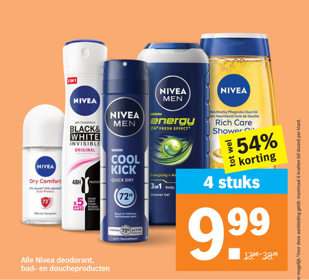 nivea deodorant douchegel 4 5 6 5-in-1 dry comfort alcohol dual protect 72h anti transpirant black white invisible original protection odour sweat stains irritation bad doucheproducten men cool kick quick boost fraicheur derma active energy fresh effect energising body shower gel nourrissant huile douche care stuks aanbieding maximaal kratten dozen folder aanbieding bij Albert Heijn Nivea douchegel, deodorant folder aanbieding bij Albert Heijn - details