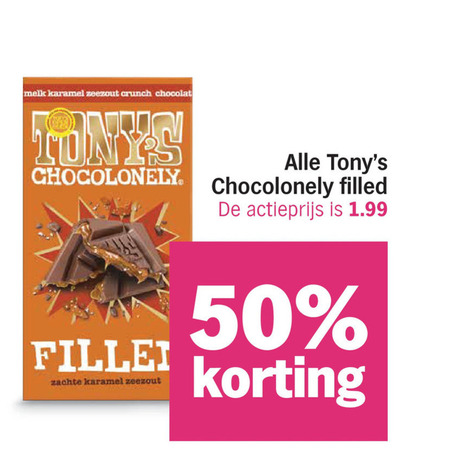 tony chocolony chocolade 50 melk karamel zeezout crunch chocolat tonys chocolonely filled actieprijs zachte folder aanbieding bij Albert Heijn Tony Chocolony chocolade folder aanbieding bij Albert Heijn - details
