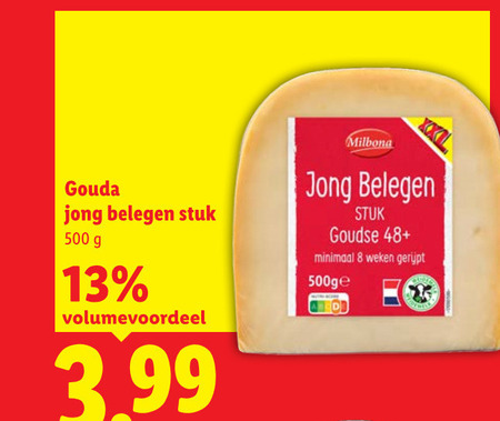 kaas 8 13 500 gouda jong belegen stuk volumevoordeel 3.99 milbona goudse 48 minimaal weken gerijpt folder aanbieding bij Lidl