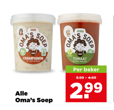 soep oma vers champignon verse tomaat basilicum beker 3.99 2 99 folder aanbieding bij Plus