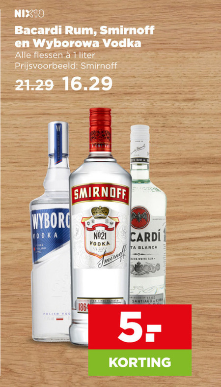 smirnoff bacardi wyberowa rum wodka 1 1864 nix18 wyborowa vodka flessen liter blanca white santiago folder aanbieding bij Plus Bacardi rum, wodka folder aanbieding bij Plus - details