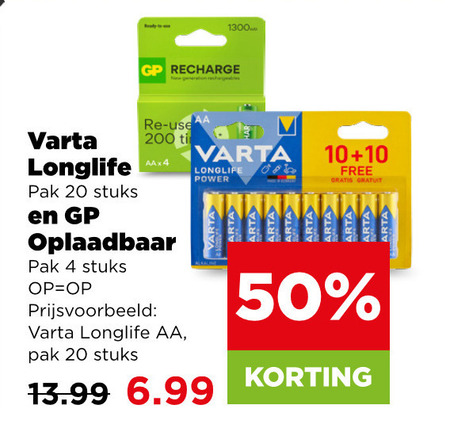 varta batterijen 4 10 20 50 200 recharge longlife pak stuks re use power oplaadbaar aa free gratuit folder aanbieding bij Plus Varta batterij folder aanbieding bij Plus - details