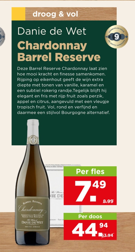 witte wijn 9 44 droog wet chardonnay barrel reserve dog kracht finesse samenkomen rijping eikenhout diepte tonen vanille karamel subtiel rokerig randje elegant fris rijp fruit perzik appel citrus vleugje tropisch rond verfijnd bourgogne alternatief matured french oak south africa wines fles doos folder aanbieding bij Plus