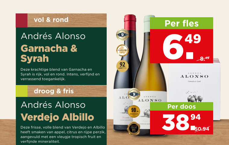 witte wijn rode 9 90 rond alonso garnacha syrah blend rijk verfijnd verrassend droog fris frisse volle smaken appel citrus rijpe perzik vleugje tropisch fruit mineraliteit vini cold wine andres fles doos tasted folder aanbieding bij Plus