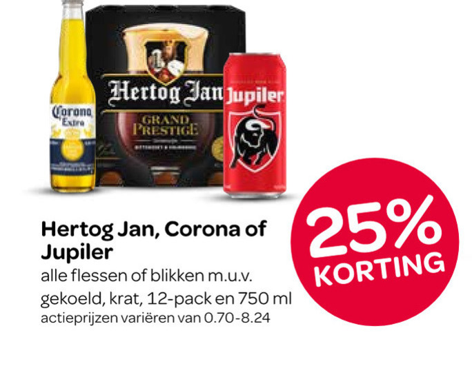 corona hertog jan jupiler speciaalbieren blikjes bier 12 25 750 grand prestige flessen blikken gekoeld krat pack ml varieeren folder aanbieding bij Spar Jupiler speciaalbier, blikje bier folder aanbieding bij Spar - details