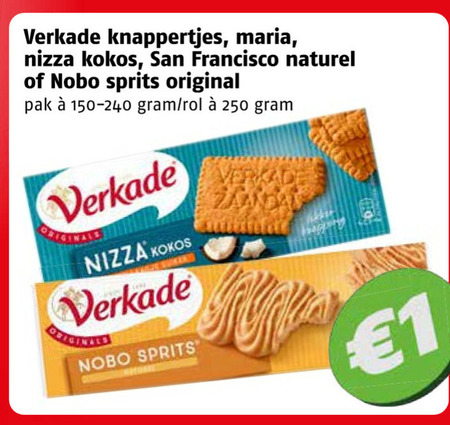 biscuit 1 250 verkade knappertjes maria nizza kokos san francisco naturel nobo sprits original pak rol folder aanbieding bij Poiesz