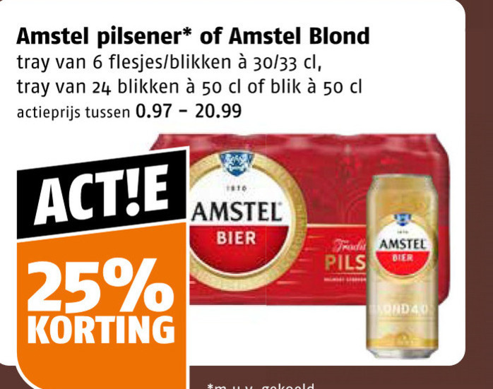amstel blikjes bier 6 24 25 40 50 pilsener blond tray blikken 30 33 blik actieprijs pils mond folder aanbieding bij Poiesz Amstel blikje bier folder aanbieding bij Poiesz - details