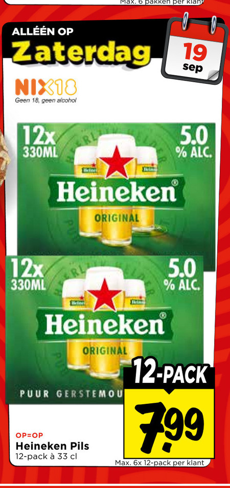 heineken blikjes bier 6 12 18 19 33 pakken zaterdag nix18 alcohol 12x 330ml original hom puur pils pack 6x folder aanbieding bij Vomar Heineken blikje bier folder aanbieding bij Vomar - details