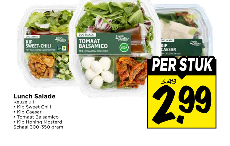 maaltijdsalade duo salade kip sweet chili bag fresh quality vega tomaat balsamico mozzarella lunch caesar honing mosterd schaal stuk folder aanbieding bij Vomar