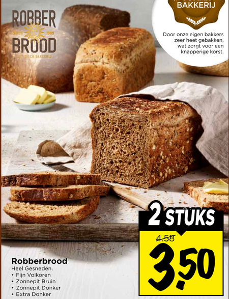 brood 2 1989 robber bakkerij bakkers gebakken knapperige korst robberbrood gesneden fijn volkoren zonnepit bruin donker stuks 3 50 folder aanbieding bij Vomar