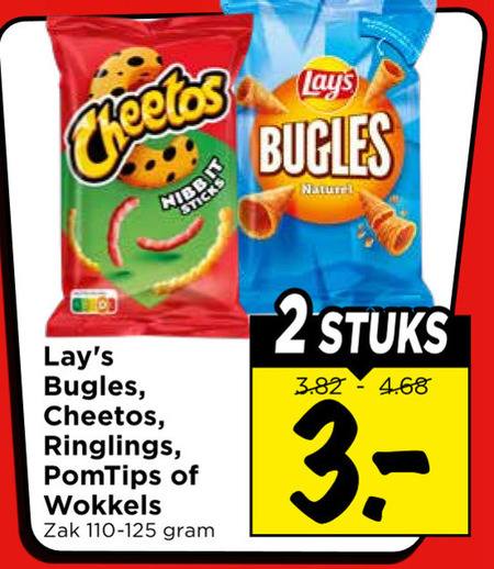 lays cheetos zoutjes 2 nibb sticks bugles natural ringlings pomtips wokkels zak 110-125 stuks folder aanbieding bij Vomar Lays zoutje folder aanbieding bij Vomar - details