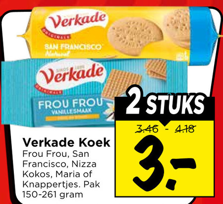 verkade biscuit 2 san francisco frou vanillesmaak koek nizza kokos maria knappertjes pak stuks folder aanbieding bij Vomar Verkade biscuits folder aanbieding bij Vomar - details