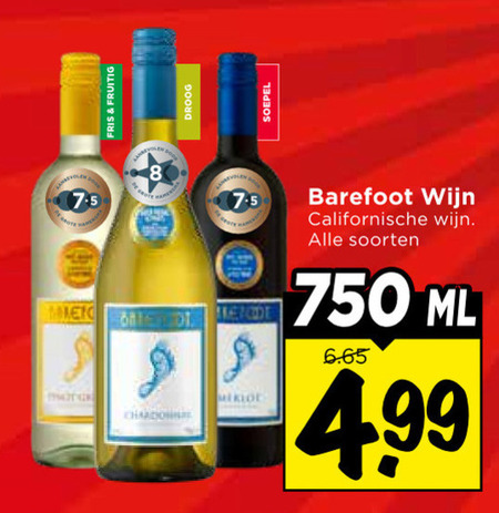 rode wijn witte 8 22 750 fris fruitig soepel one barefoot californische soorten ml folder aanbieding bij Vomar