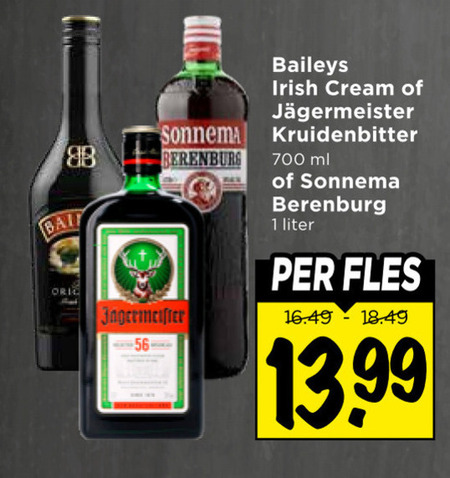 jagermeister baileys sonnema likeur kruidenbitter berenburg 1 700 main irish cream ml liter fles folder aanbieding bij Vomar Jagermeister kruidenbitter, likeur folder aanbieding bij Vomar - details