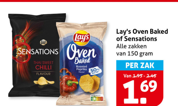 lays chips 50 150 sensations oven thai sweet chilli flavour baked roasted paprika zakken zak folder aanbieding bij Hoogvliet Lays chips folder aanbieding bij Hoogvliet - details