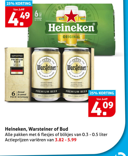 heineken bud warsteiner blikjes bier 5 6 25 5.99 blikken seit original imported premium beer perfectly balanced das einzig naturally brewed to german purity wahre quality from germany 45 pack pakken liter varieeren folder aanbieding bij Hoogvliet Warsteiner blikje bier folder aanbieding bij Hoogvliet - details
