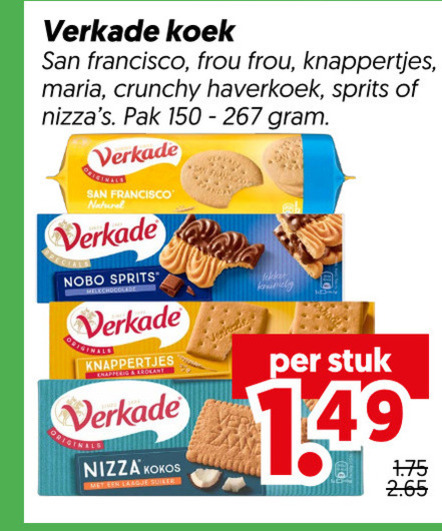 verkade biscuit 150 koek san francisco frou knappertjes maria crunchy sprits pak natural nobo nizza kokos league suiker stuk folder aanbieding bij Dekamarkt Verkade biscuits folder aanbieding bij Dekamarkt - details