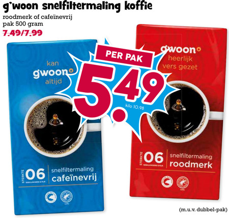 gwoon koffie 500 snelfiltermaling roodmerk pak vers kilo 06 ruk dubbel folder aanbieding bij Boons Markt Gwoon koffie folder aanbieding bij Boons Markt - details