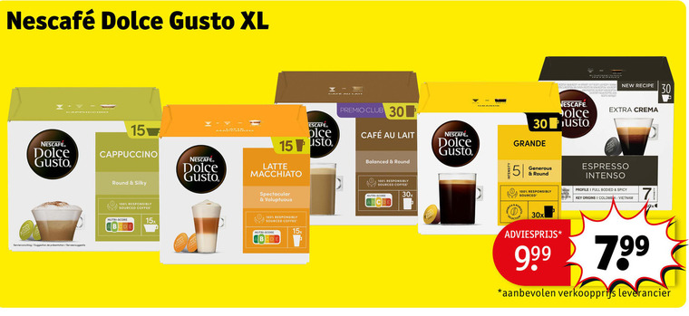 nescafe dolce gusto capsules 5 7 15 30 100 xl cafe lait cappuccino round silky responsibly sourced coffee latte macchiato spectacular voluptuous premio club mcafee balanced nutri score 30x suggestion serveersuggestie new recipe grande crema r espresso intenso premium profile full spicy origins colombia vietnam folder aanbieding bij Kruidvat Nescafe dolce gusto capsules folder aanbieding bij Kruidvat - details