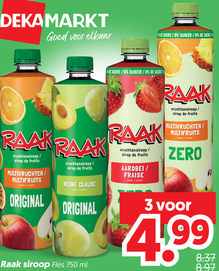 raak limonadesiroop 3 10 750 sucre suiker vruchtensiroop sirop fruits multivruchten multifruits saveur reine claude aardbei fraise zero original siroop fles ml folder aanbieding bij Dekamarkt Raak limonadesiroop folder aanbieding bij Dekamarkt - details