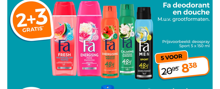 fa deodorant douchegel 2 3 5 150 fresh watermelon waves energising pink passion mood fragrance rose scent shower cream paradise hibiscus lasting calming glowing gardenia protection men sport bodyspray lemon douche grootformaten deospray ml folder aanbieding bij Trekpleister Fa deodorant, douchegel folder aanbieding bij Trekpleister - details