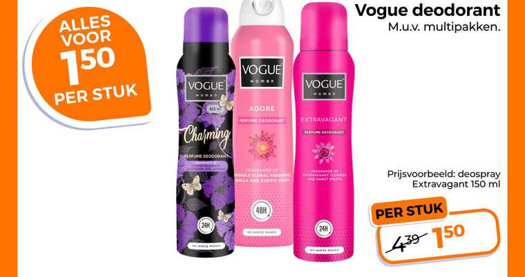 vogue deodorant 150 stuk women multipakken new charming perfume cherry blossom raspberry and jasmine adore fragrance floral freshness vanilla exotic fruits extravagant flowers sweet white marks deospray ml folder aanbieding bij Trekpleister Vogue deodorant folder aanbieding bij Trekpleister - details