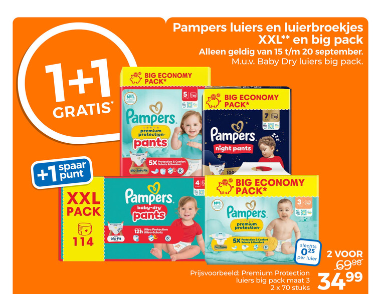 pampers luiers luierbroekjes 1 2 3 15 20 36 100 360 xxl big pack baby dry spaar punt economy premium protection pants soft fit comfort 5x schutz komfort ultra night flow protect luier maat stuks folder aanbieding bij Trekpleister Pampers luierbroekjes, luiers folder aanbieding bij Trekpleister - details