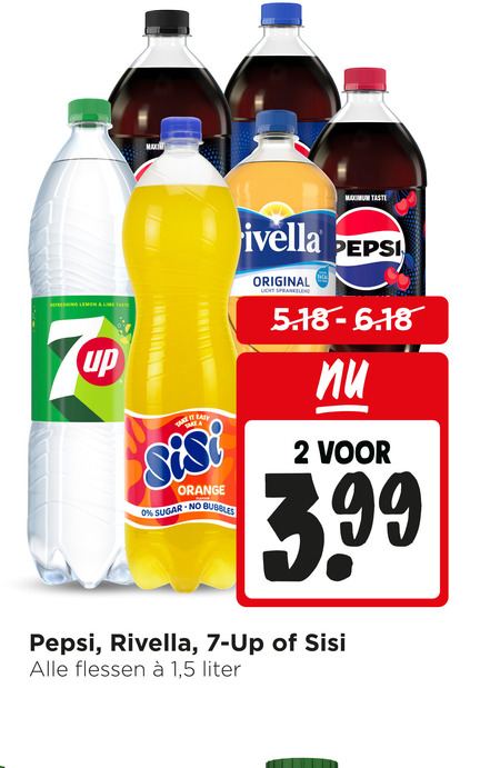 pepsi rivella 7-up sisi cola frisdrank 2 7 maxim taste refreshing lemon lime original licht sprankelend up easy orange flavour sugar bubbles 3.99 flessen 1 5 liter folder aanbieding bij Jumbo Sisi cola, frisdrank folder aanbieding bij Jumbo - details