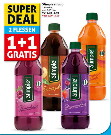 slimpie limonadesiroop 1 2 super deal flessen siroop liter smaakmakers suiker ice tea framboos glutenvrij sinaasappel folder aanbieding bij Hoogvliet Slimpie limonadesiroop folder aanbieding bij Hoogvliet - details