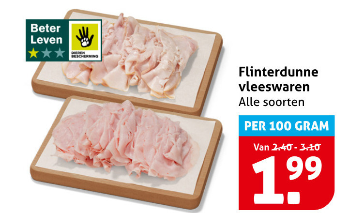 vleeswaren 100 beter leven dieren bescherming flinterdunne soorten folder aanbieding bij Hoogvliet