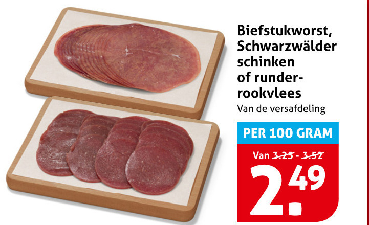 schwarzwalder schinken runderrookvlees 100 biefstukworst runder rookvlees versafdeling folder aanbieding bij Hoogvliet