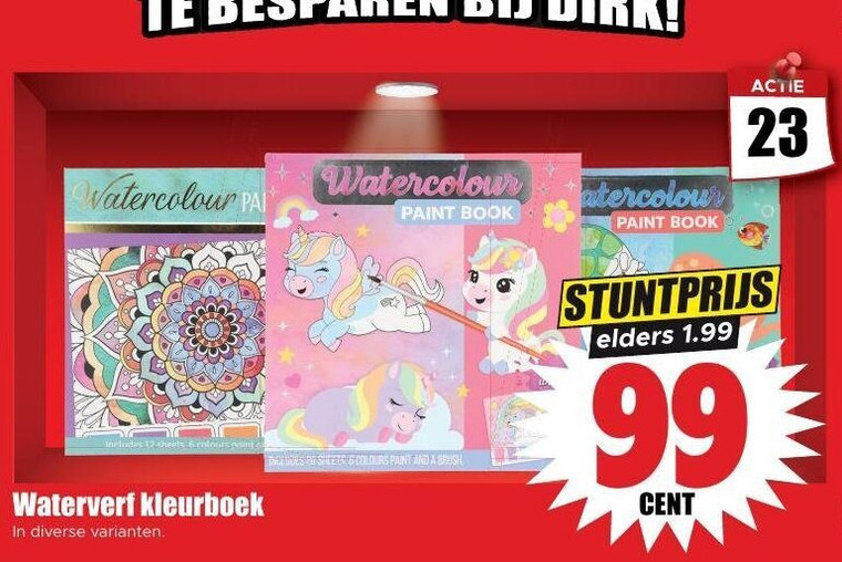 kleurboek 6 13 23 99 besparen paint book sheets colours waterverf and brush elders cent folder aanbieding bij Dirk