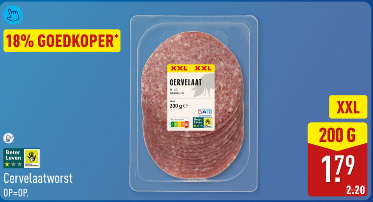 cervelaatworst 18 200 goedkoper beter leven dieren bescherming xxl cervelaat mild gekruid inhoud ge nutri score folder aanbieding bij Aldi