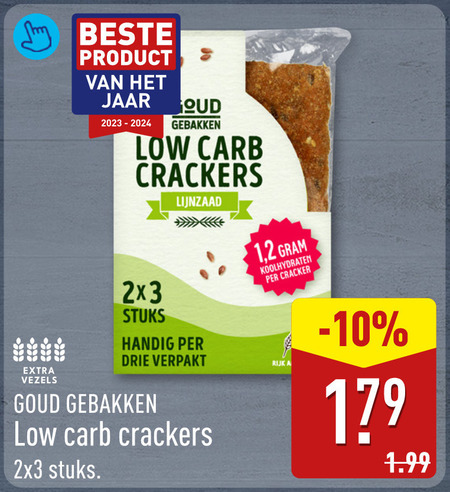 crackers jaar oud gebakken carb lijnzaad vezels stuks drie verpakt goud 1 2 koolhydraten cracker rijk folder aanbieding bij Aldi