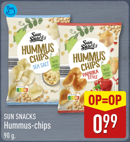 chips 90 sun snacks hummus sea salt with flour paprika style nutri score folder aanbieding bij Aldi