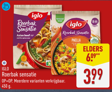 iglo diepvriesmaaltijd 8 450 roerbak sensatie asian beef style five spices saus b vertrouwd recept meerdere paella garnalen kip min toegevoegde kunstmatige elders folder aanbieding bij Aldi Iglo diepvriesmaaltijd folder aanbieding bij Aldi - details