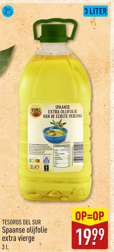 olijfolie 3 31 100 liter spaanse persing esta gebruiken salades warme spanje buurt licht warmte houdbaar einde boven fles nutri score voedingswaarde vetzuren ml vetten verzadigde koolhydraten suikers vezels eiwitten 00 zout vierge folder aanbieding bij Aldi
