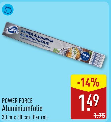 aluminiumfolie 30 power papier aluminium force hittebestendig cm rol folder aanbieding bij Aldi