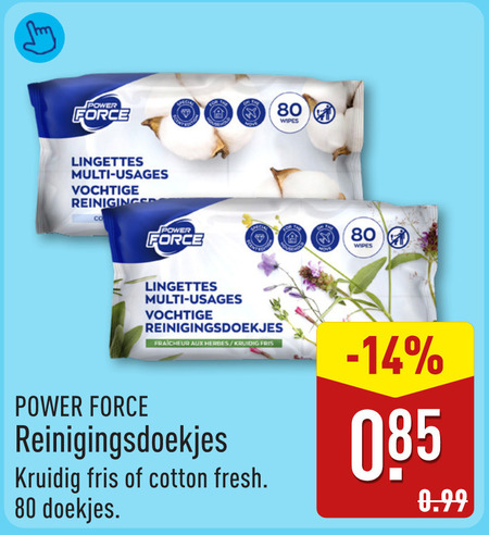 vochtige schoonmaakdoekjes 7 80 power force lingettes multi reinigings wipes reinigingsdoekjes fraicheur aux kruidig fris cotton fresh doekjes folder aanbieding bij Aldi