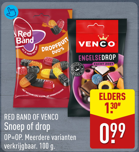 red band venco drop snoep 100 b dropfruit redband zacht zoet natuurlijke kleur smaakstoffen meerdere elders folder aanbieding bij Aldi Venco snoep, drop folder aanbieding bij Aldi - details