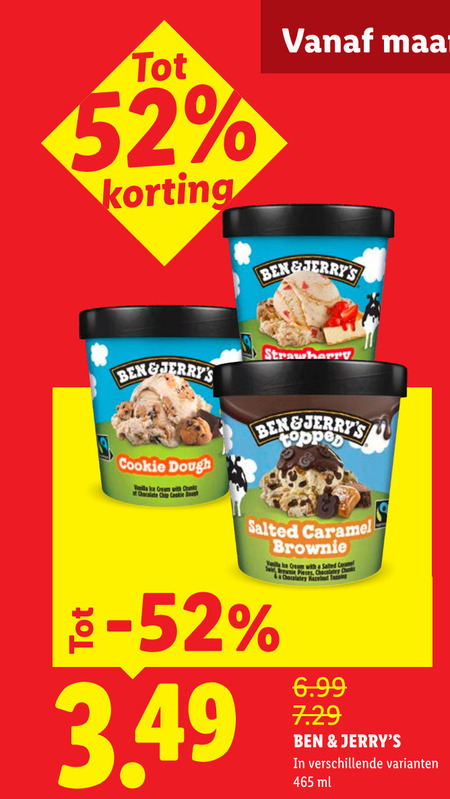 ben and jerrys ijsspecialiteit strawberry cookie dough vanilla ice cream with chocolate chip salted caramel brownie pieces chocolatey hazel topping ml folder aanbieding bij Lidl Ben and Jerrys ijsspecialiteit folder aanbieding bij Lidl - details