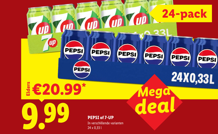 pepsi 7-up frisdrank cola 7 24 lemon line lime up pack elders 33 l mega deal folder aanbieding bij Lidl 7-Up cola, frisdrank folder aanbieding bij Lidl - details
