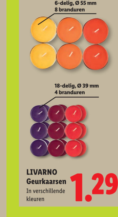 livarno geurkaarsen 4 6 8 18 55 delig mm branduren kleuren folder aanbieding bij Lidl Livarno geurkaars folder aanbieding bij Lidl - details