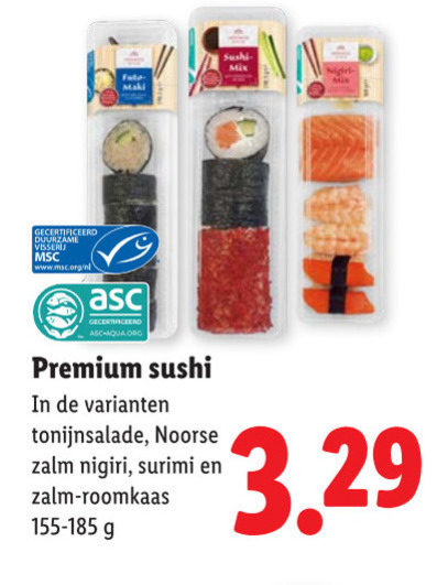 sushi maki www.msc.org nl gecertificeerd asc-aqua.org premium tonijnsalade noorse zalm nigiri surimi roomkaas folder aanbieding bij Lidl