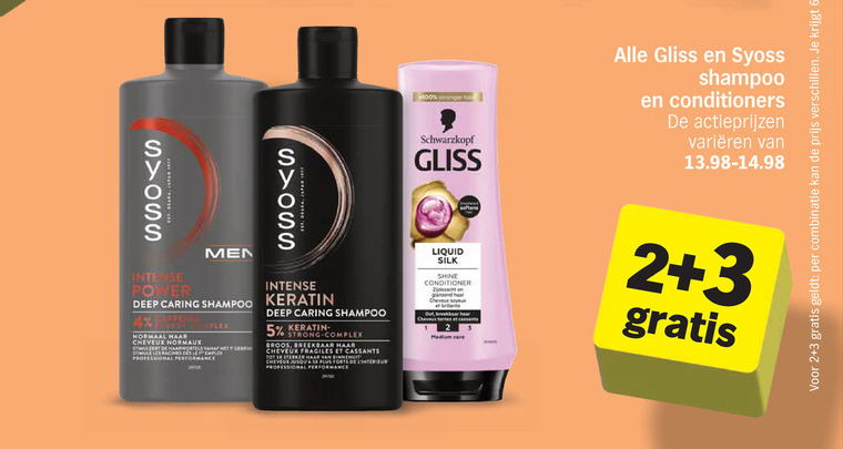 gliss kur syoss conditioner shampoo 2 3 4 5 100 combinatie power men deep caring normaal haar cheveux stimuleert haarwortels les racines des le professional spion intense strong complex broes breekbaar sx sterker mix hair schwarzkopf liquid silk shine zijdezacht glanzend yeux termes medium care conditioners varieeren folder aanbieding bij Albert Heijn Gliss Kur conditioner, shampoo folder aanbieding bij Albert Heijn - details
